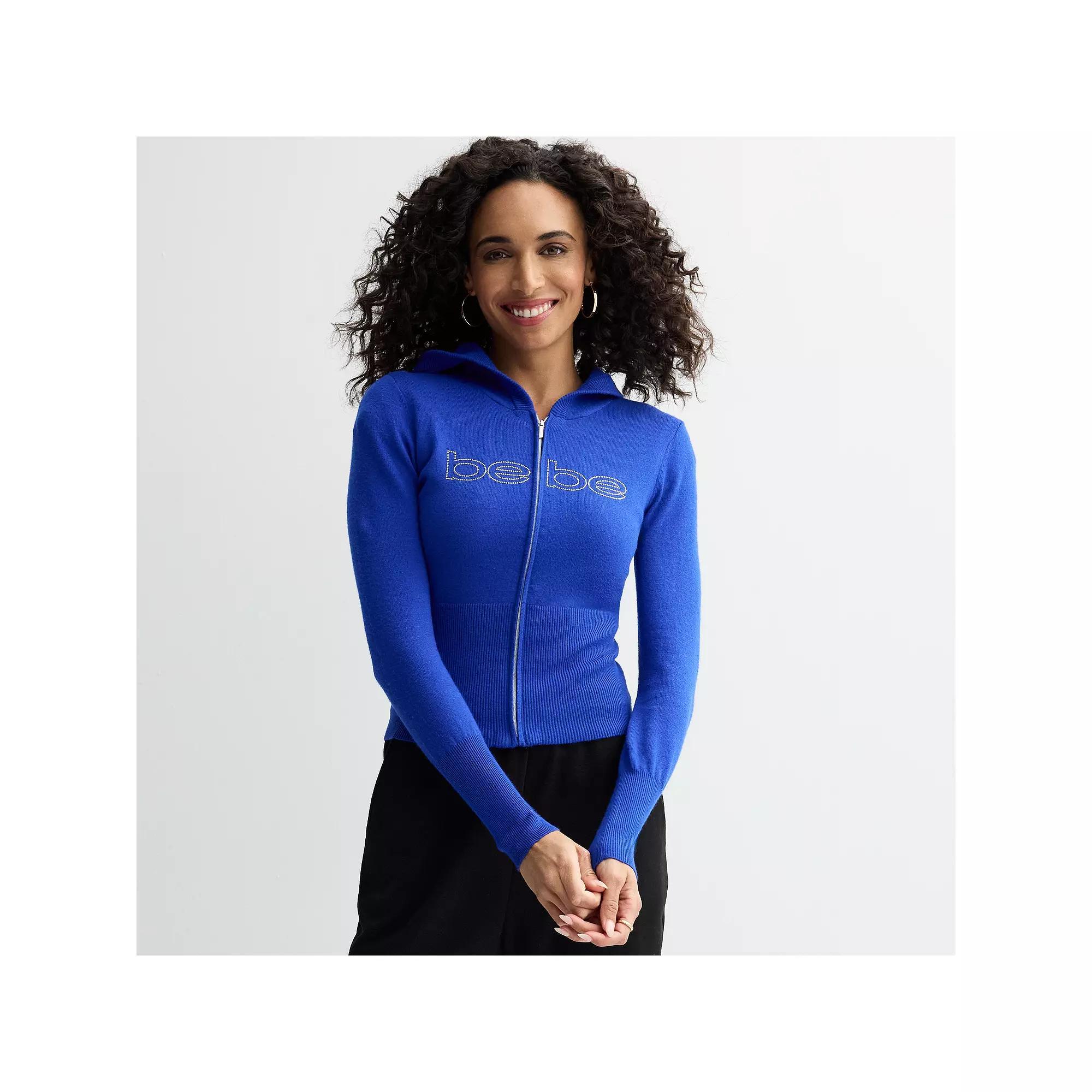 Women's bebe Embellished Full-Zip Hooded Sweater, Size: Large, Blue Product Image