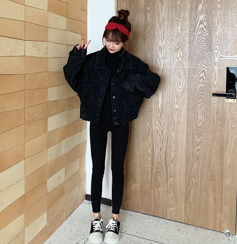 Collared Denim Button-Up Crop Jacket Product Image