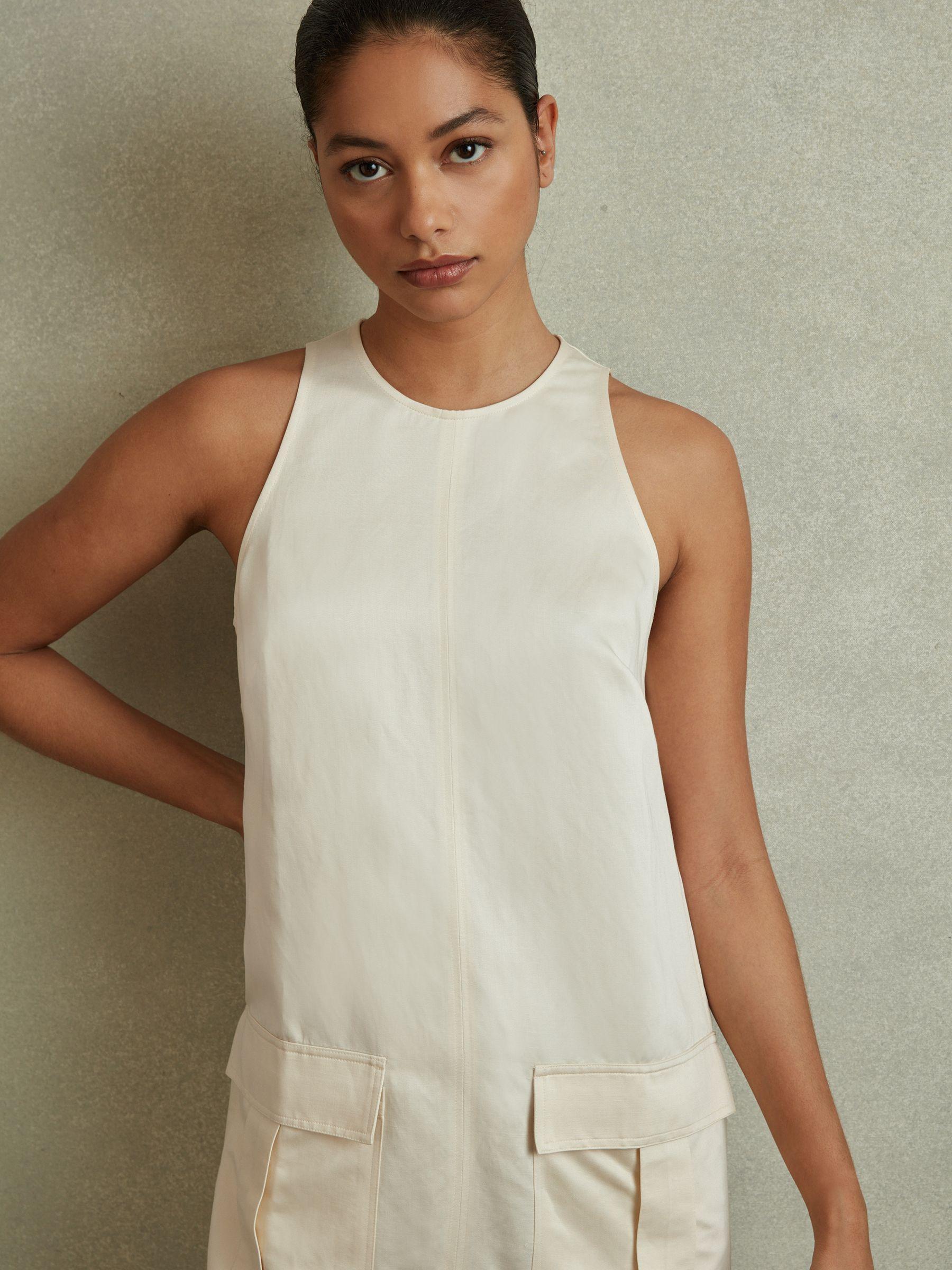 Viscose-Linen Cargo Pocket Tunic Dress in Beige Product Image