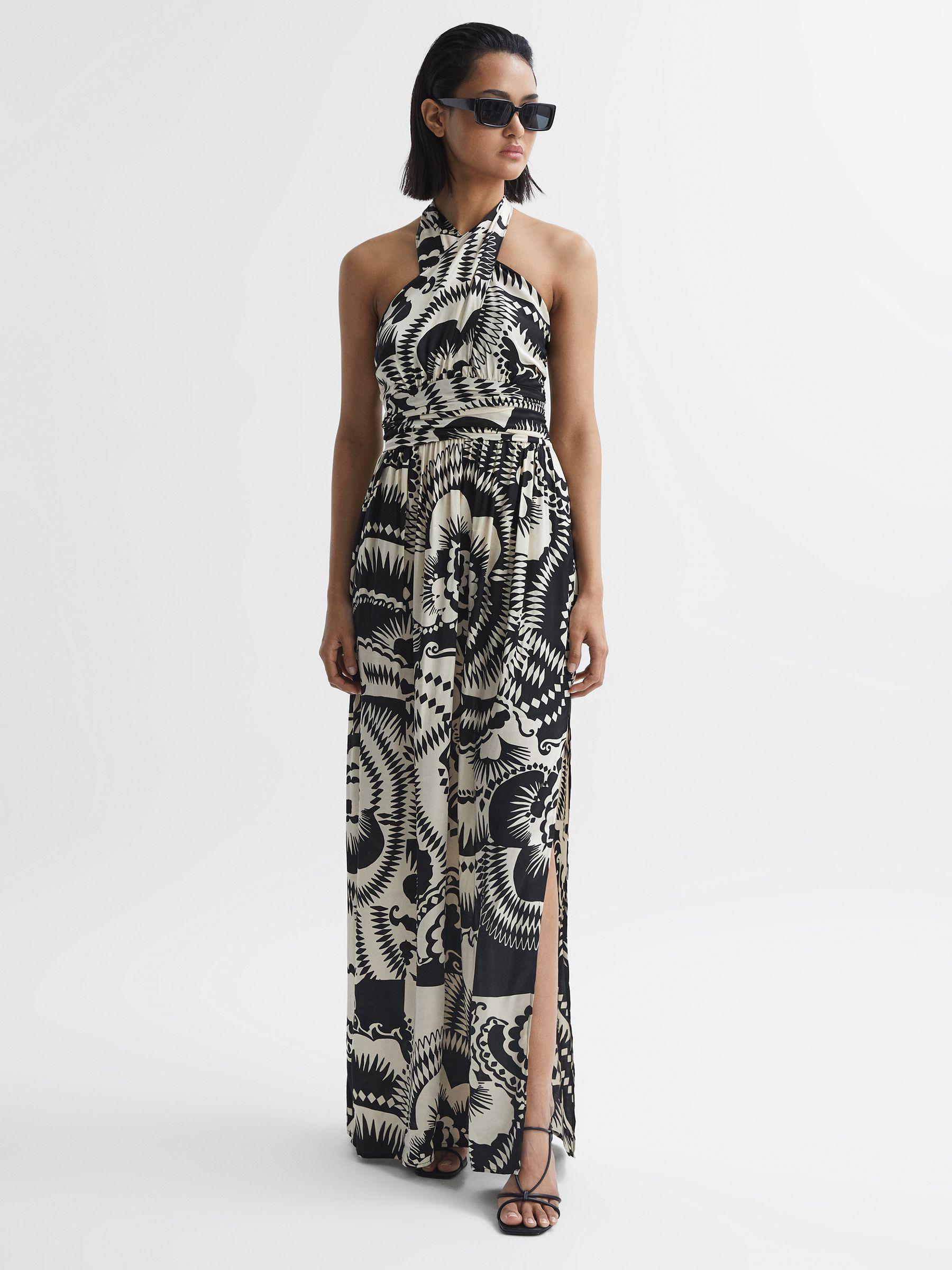 Printed Halter Neck Maxi Dress in Black/White Product Image