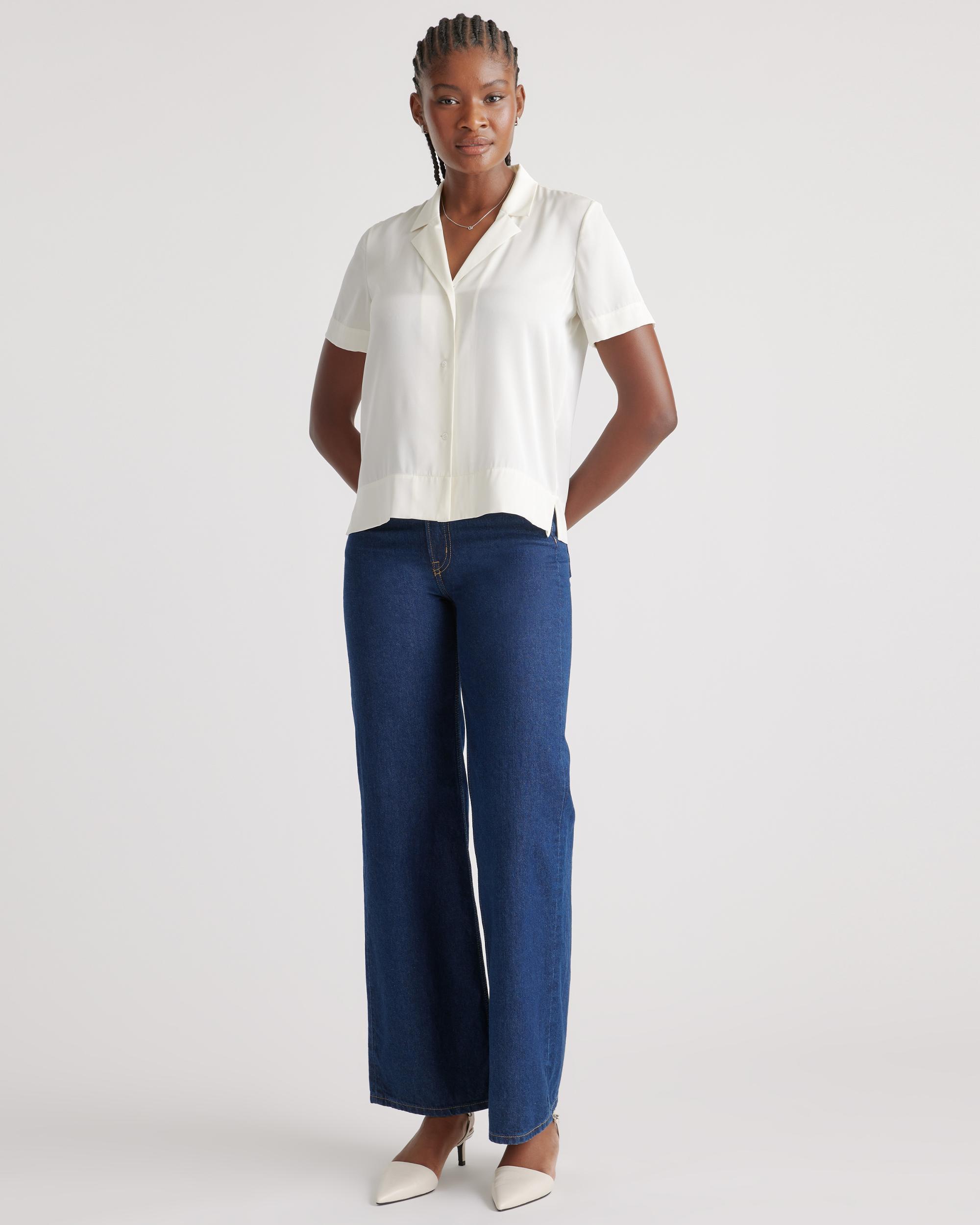 Quince | Women's Washable Stretch Silk Short Sleeve Notch Collar Blouse Mulberry Silk Product Image