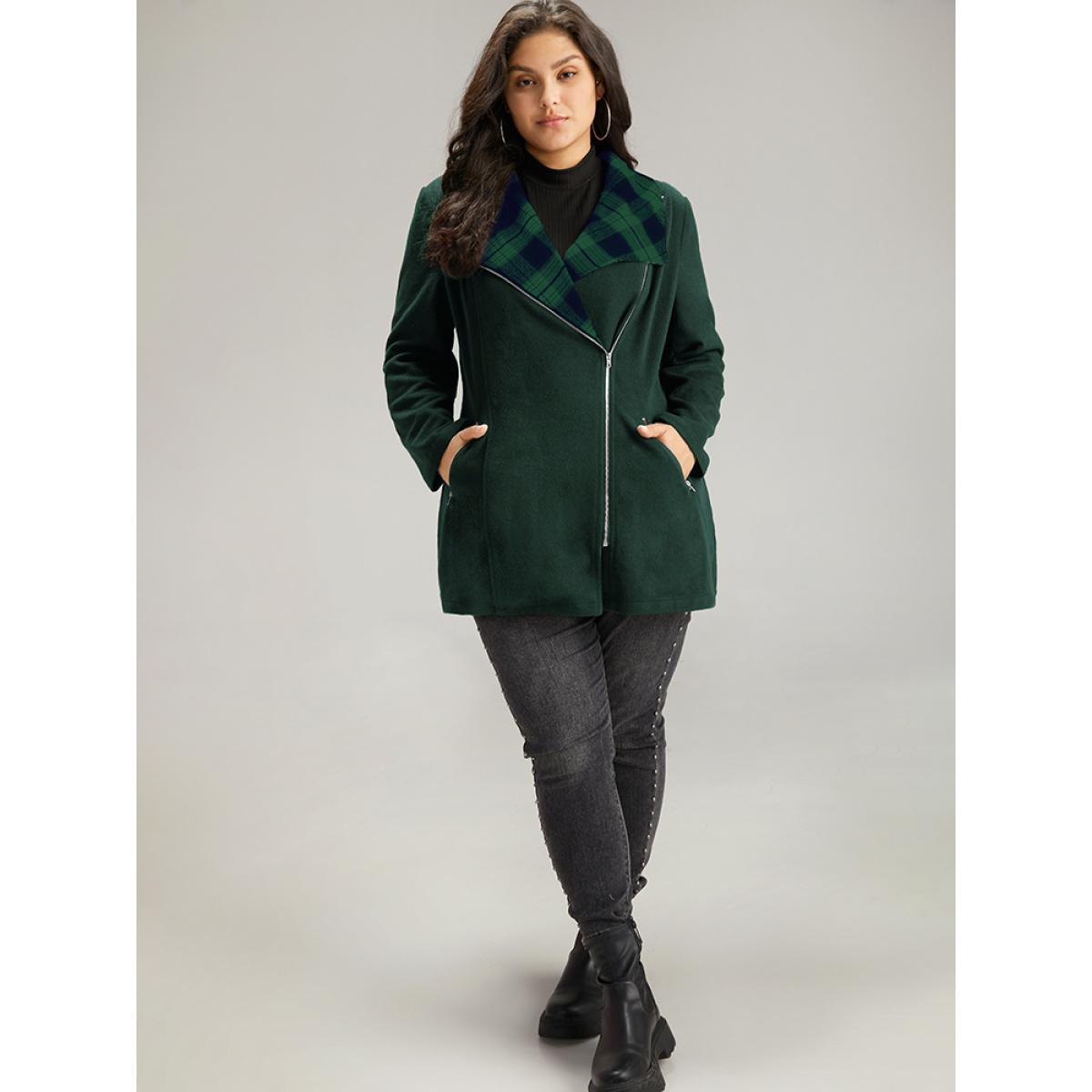 Plus Size Plaid Patchwork Lapel Collar Zipper Coat Women DarkGreen Elegant Contrast Ladies Everyday Winter Coats BloomChic 14-16/1X Product Image