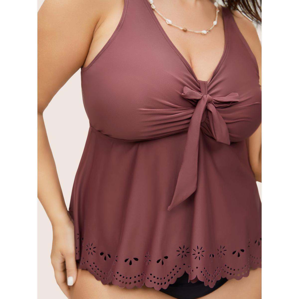Plus Size Bowknot Front Laser Cut Scalloped Trim Swim Top Women's Swimwear Russet Beach Lined High stretch Bodycon V-neck Curve Swim Tops BloomChic 26/4X Product Image