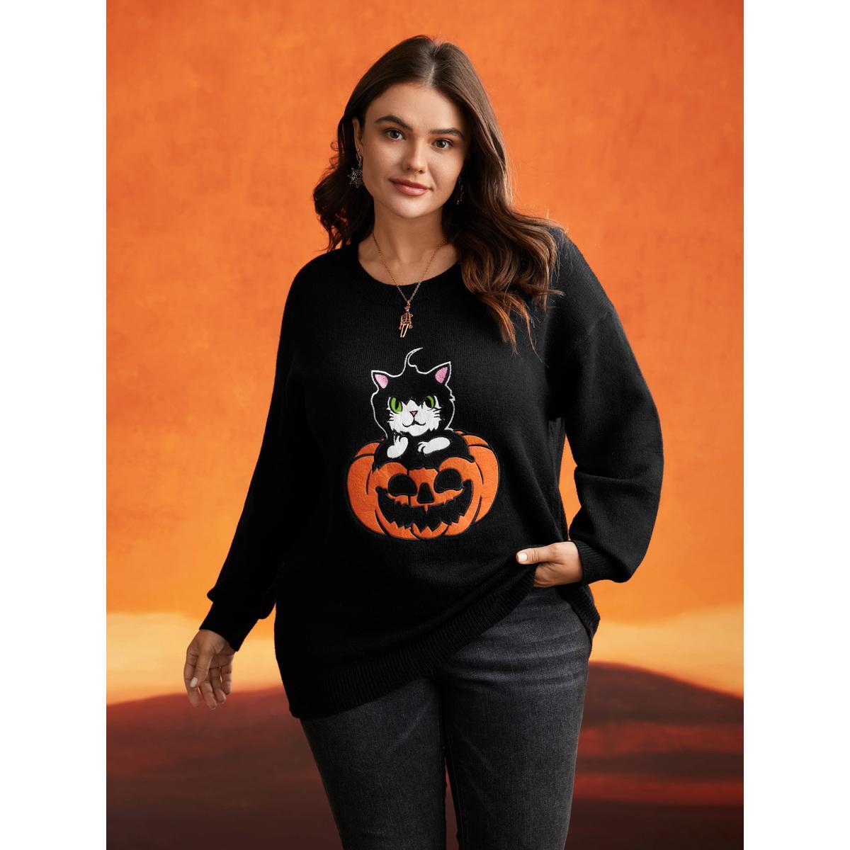 Plus Size Embroidered Cat In Pumpkin Crew Neck Pullover Black Women Casual Long Sleeve Round Neck Everyday Pullovers BloomChic 14-16/1X Product Image