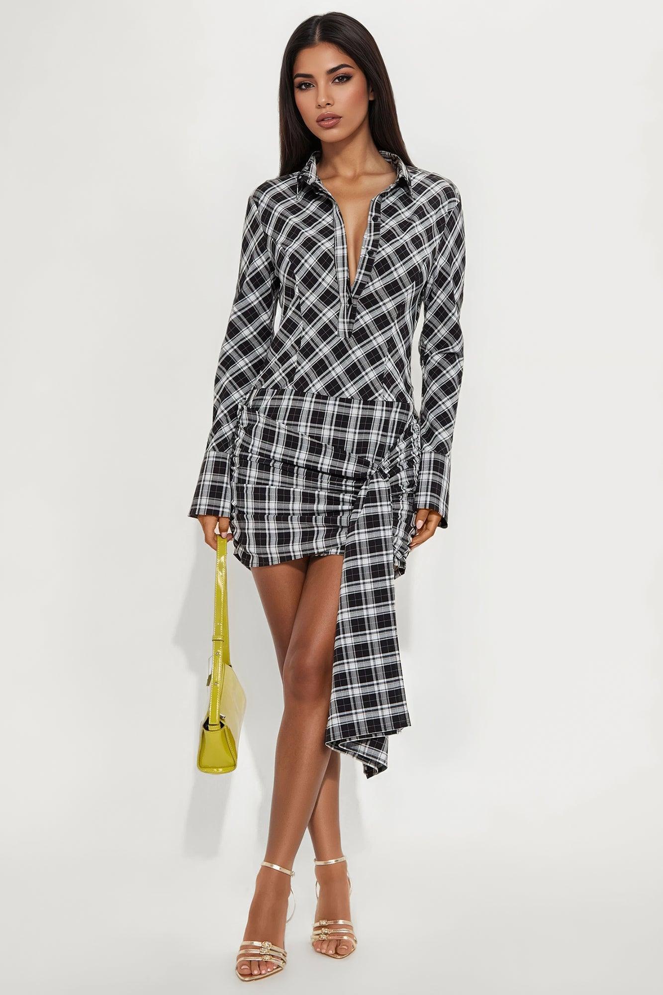 Haisley Plaid Mini Shirt Dress - Black/combo Product Image