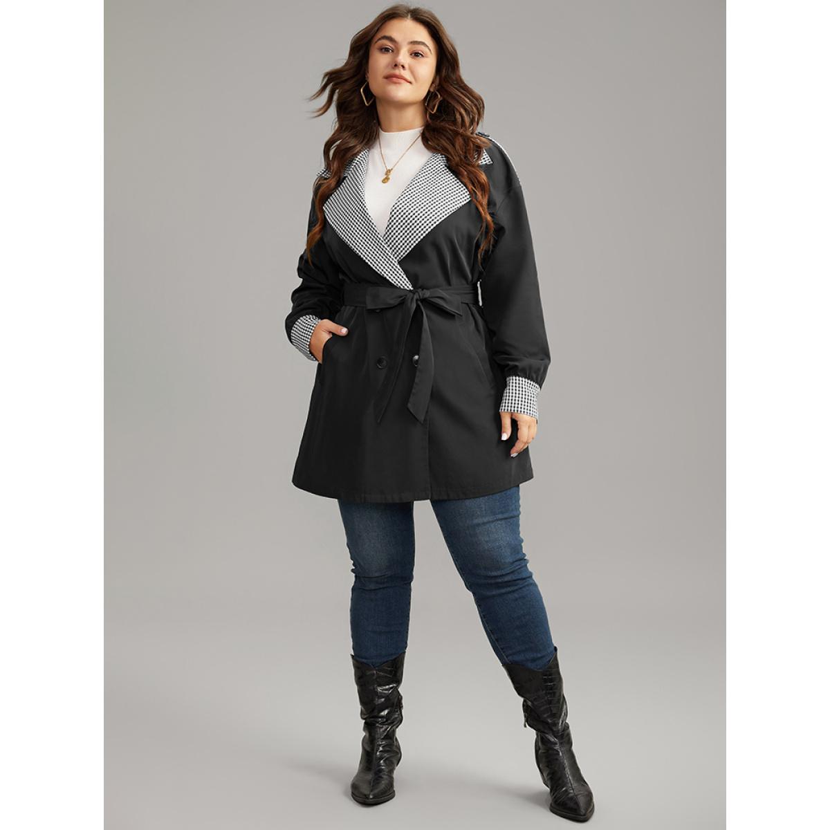 Plus Size Gingham Patchwork Belted Pocket Coat Women Black Casual Belted Ladies Dailywear Winter Coats BloomChic 14-16/1X Product Image