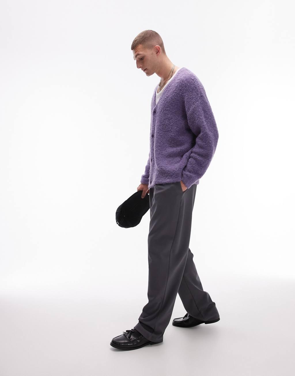 Topman relaxed fit boucle cardigan in purple Product Image