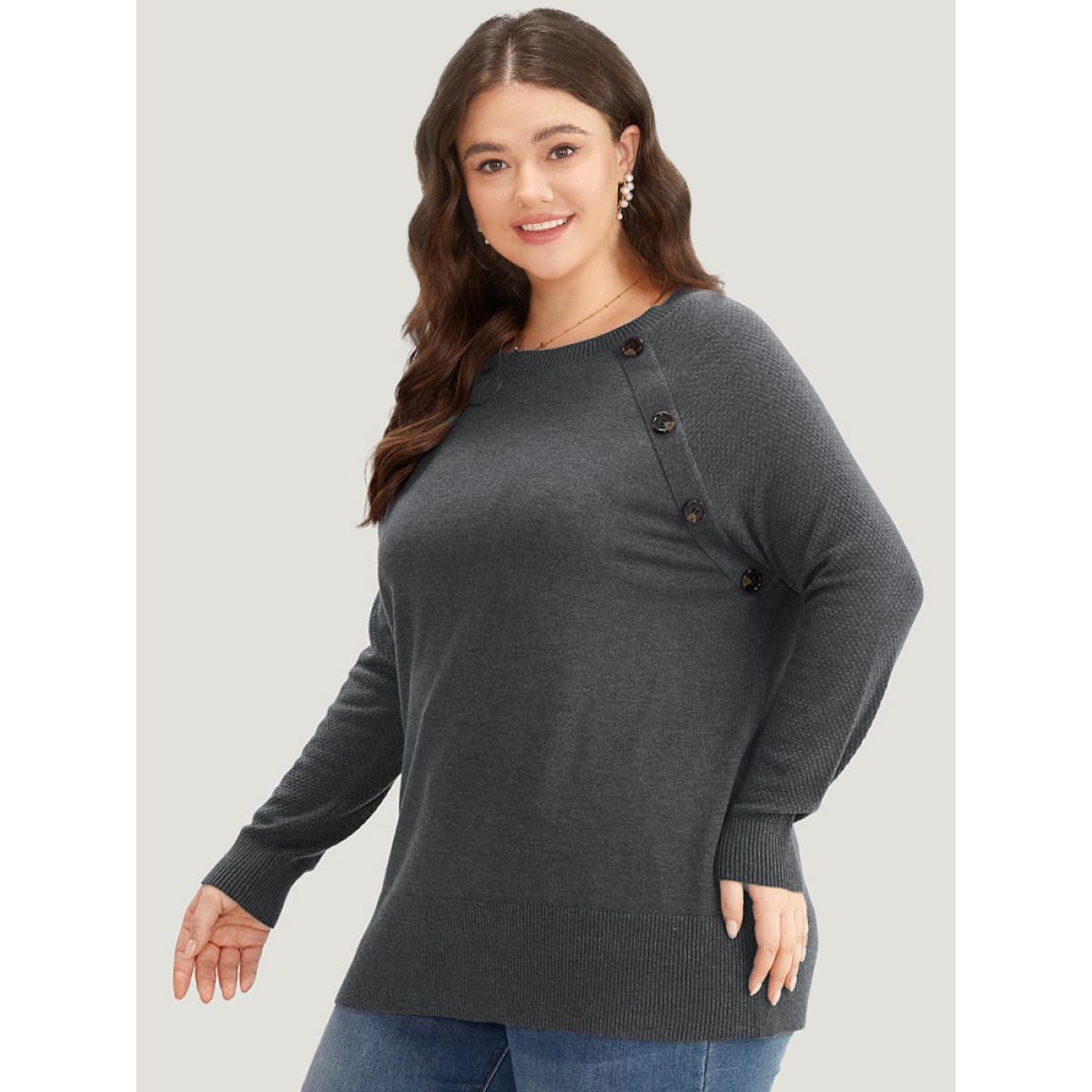 Plus Size Supersoft Essentials Button Detail Raglan Sleeve Pullover DimGray Women Casual Long Sleeve Round Neck Dailywear Pullovers BloomChic 12/L Product Image