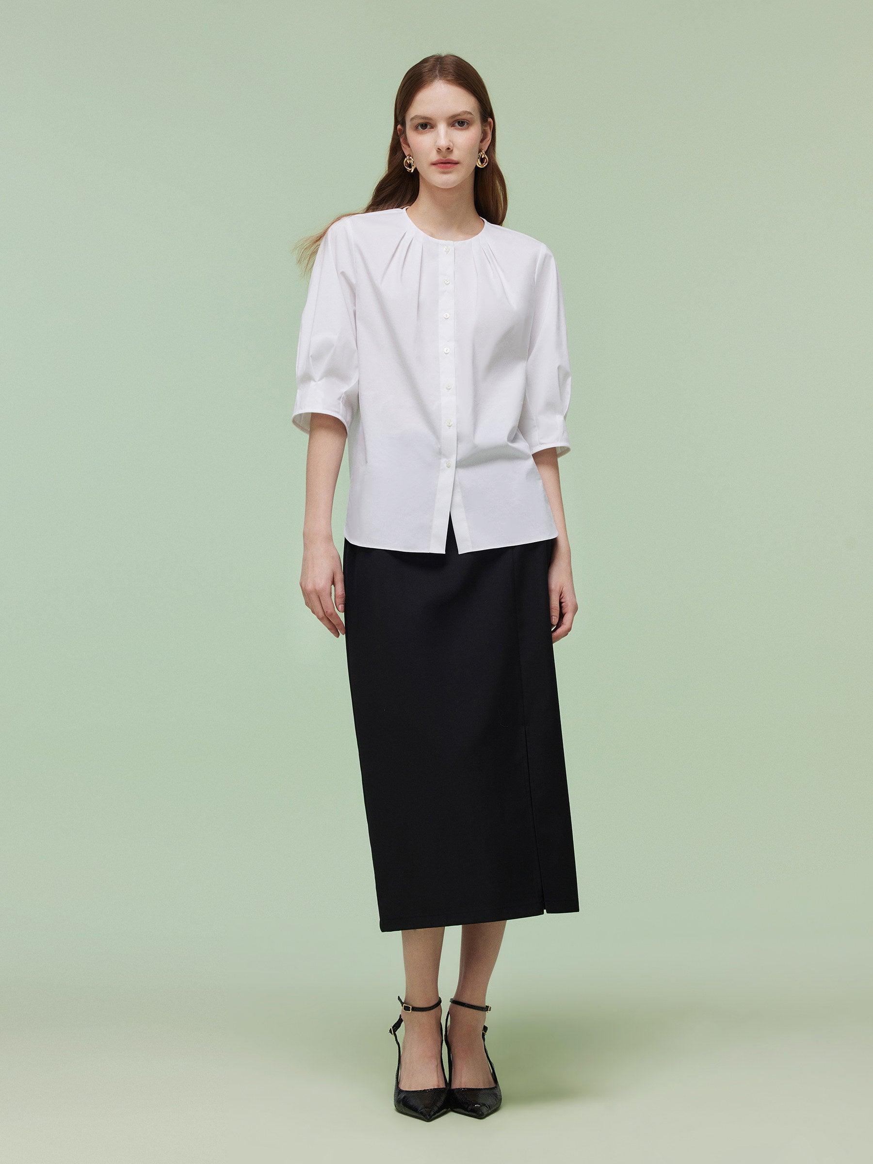 3/4 Sleeve Shirt And Front Slit Skirt Two-Piece Set With Leather Belt Product Image