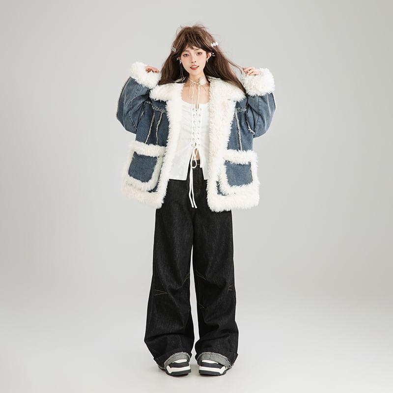 Fleece Trim Collared Button-Up Denim Jacket Product Image