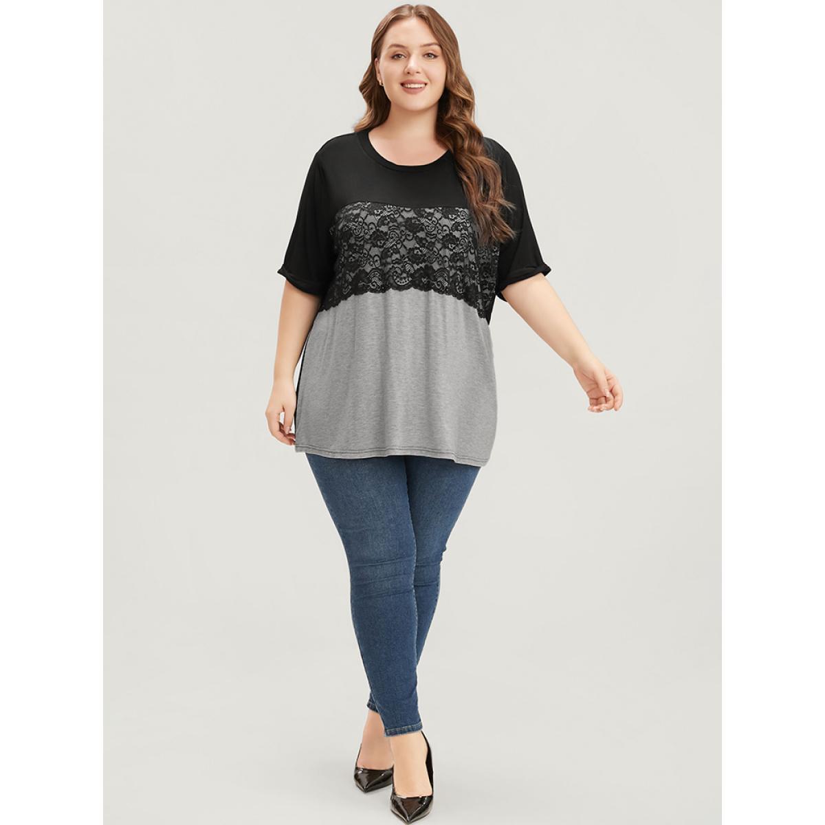 Plus Size Colorblock Contrast Round Neck Lace Insert T-shirt Black Women Elegant Contrast Colorblock Round Neck Dailywear T-shirts BloomChic 26/4X Product Image
