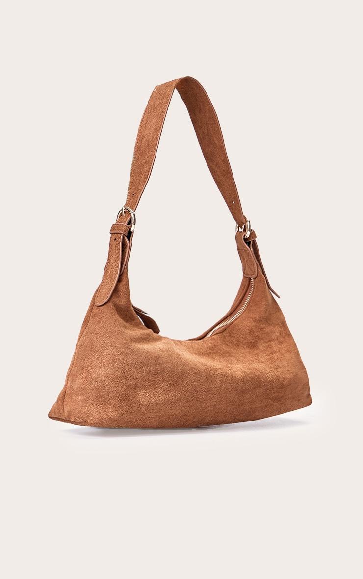 Tan Suede Elongated Curved Shoulder Bag Product Image