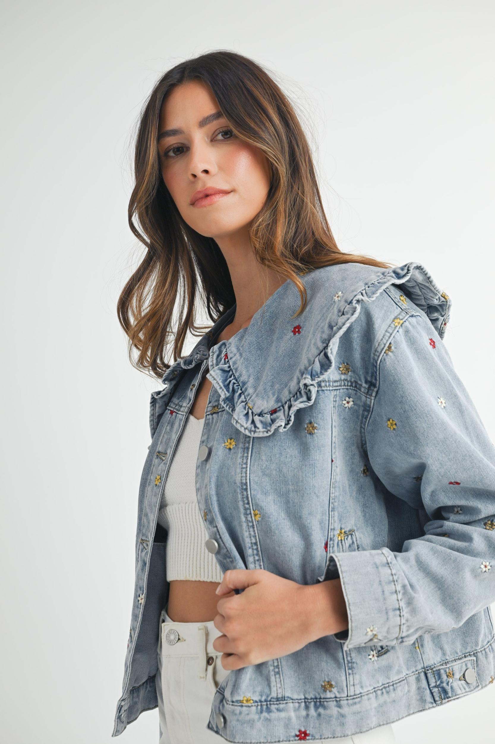 Peter Pan Collar Embroidered Denim Jacket Product Image