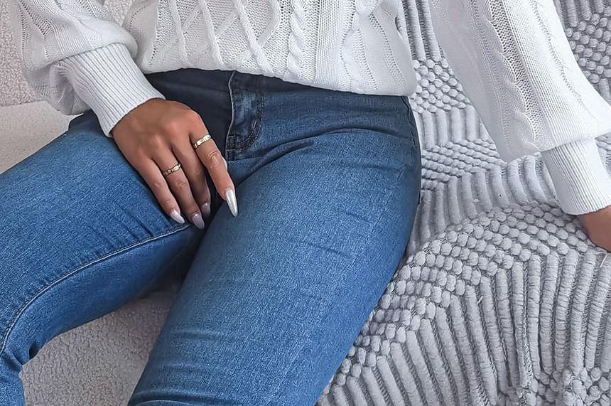 Turtleneck Plain Button Accent Cable Knit Sweater Product Image
