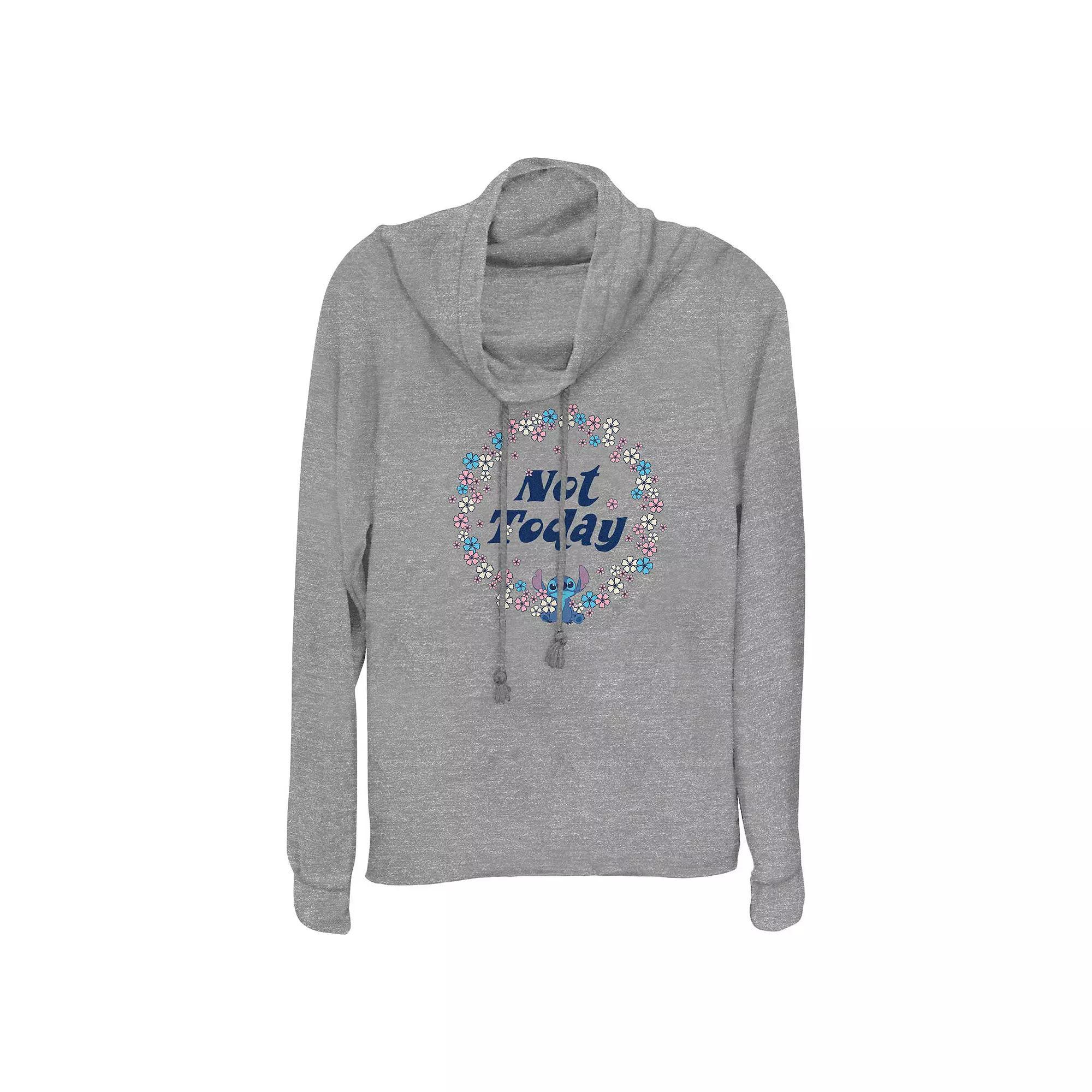 Disney's Lilo & Stitch Not Today Floral Wreath Women's Cowlneck Graphic Lightweight Long Sleeve, Size: Small, Gray Grey Product Image