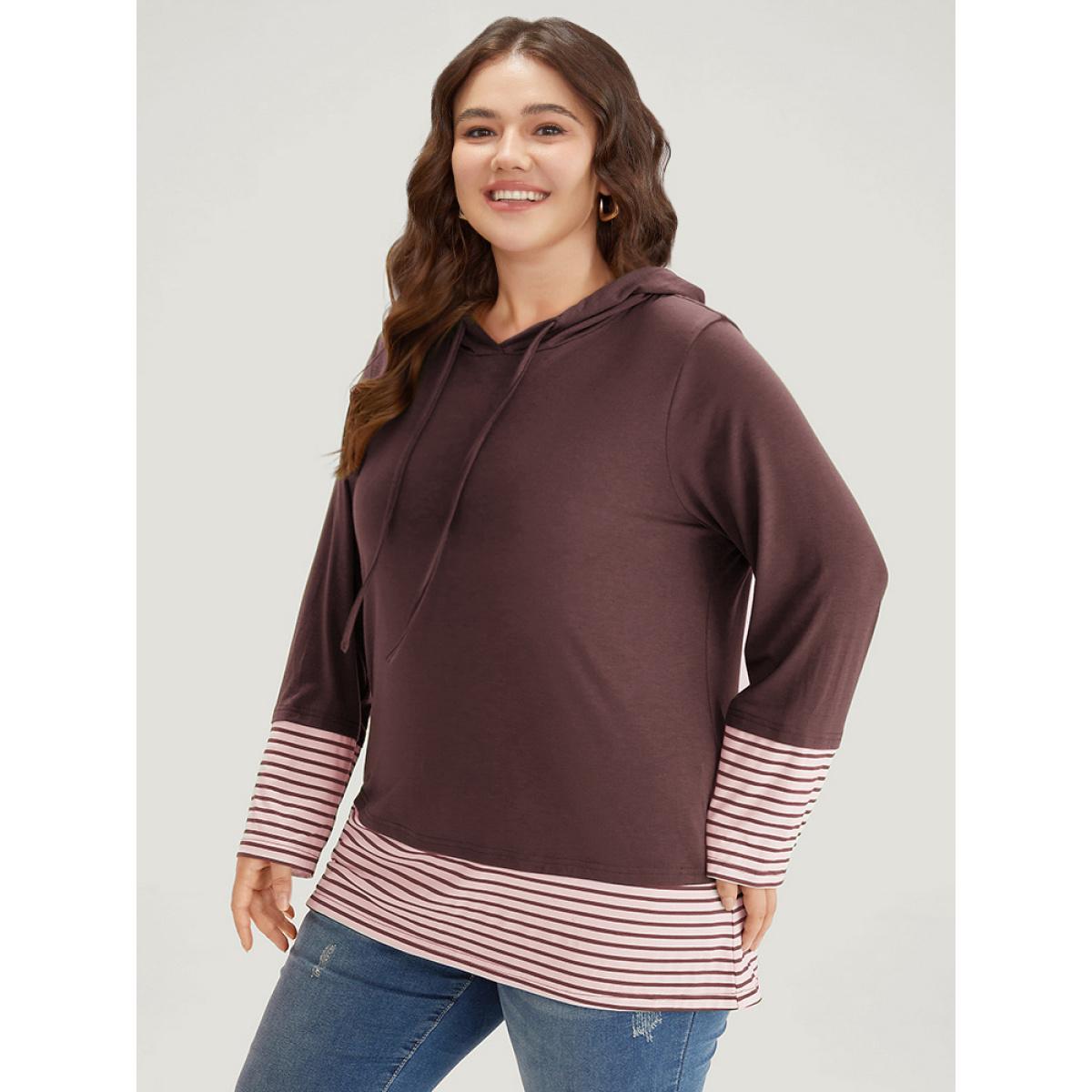 Plus Size Striped Patchwork Hooded Drawstring T-shirt Russet Women Casual Patchwork Striped Hooded Dailywear T-shirts BloomChic 28/5X Product Image