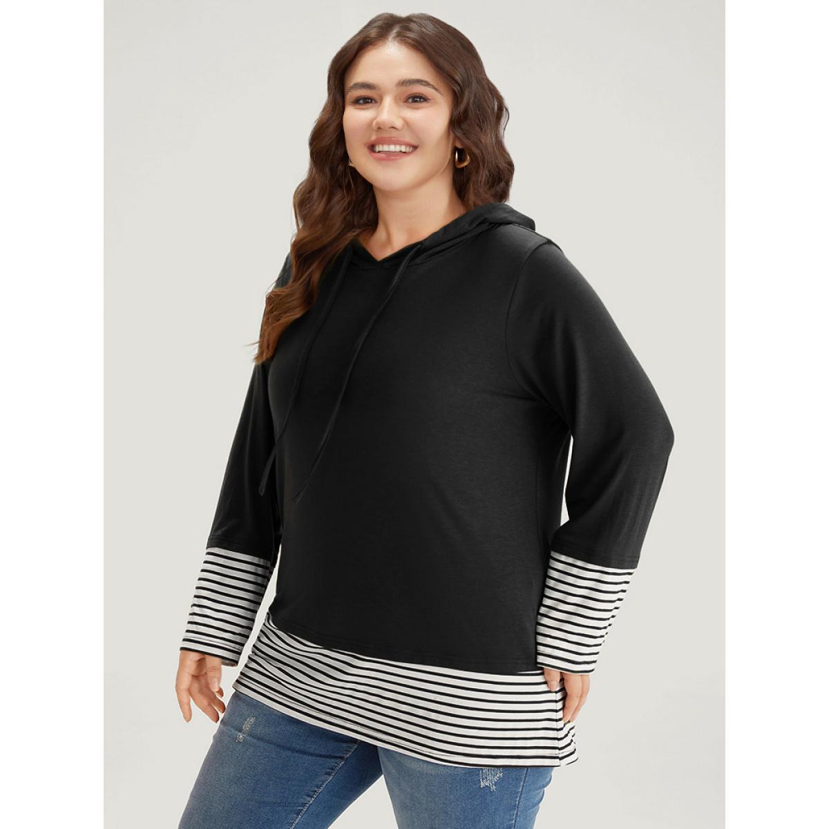 Plus Size Striped Patchwork Hooded Drawstring T-shirt Black Women Casual Patchwork Striped Hooded Dailywear T-shirts BloomChic 30/6X Product Image