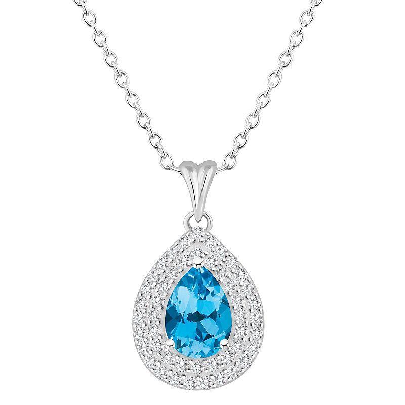 Celebration Gems Sterling Silver Teardrop Swiss Blue Topaz & White Topaz Double Halo Pendant Necklace, Women's, Size: 18" Product Image