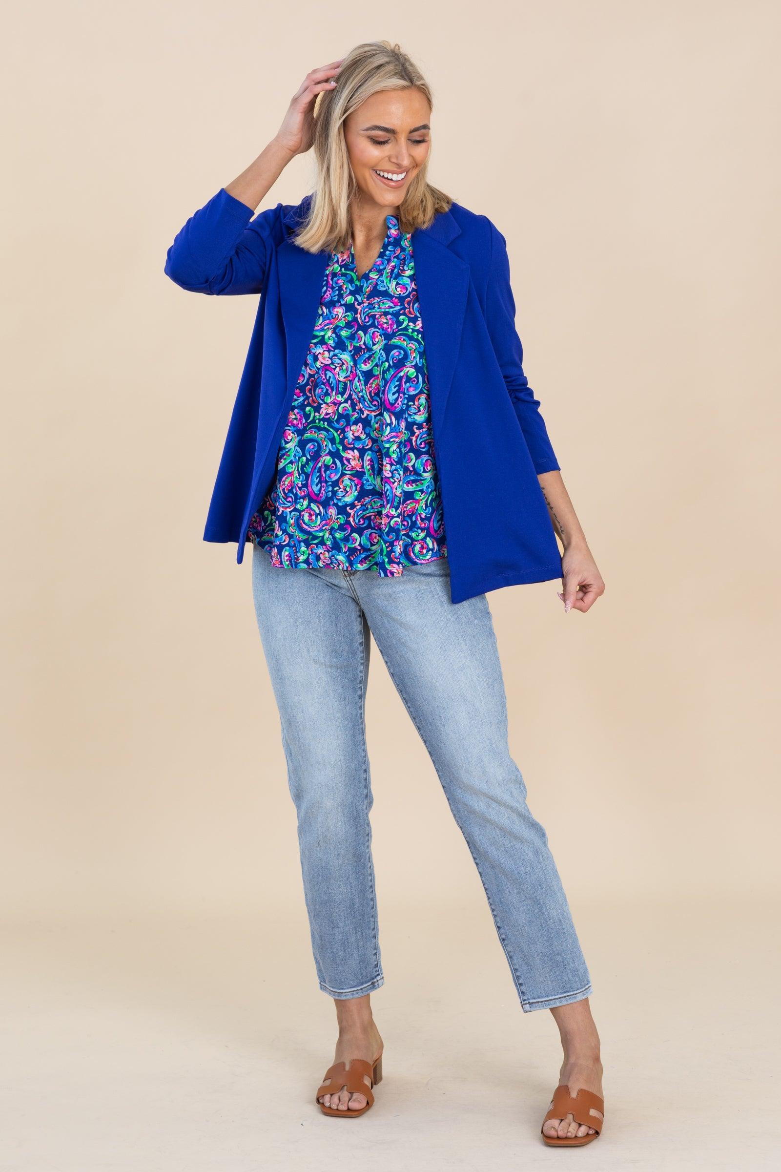 Navy Floral Print V-Neck Wrinkle Free Top Product Image