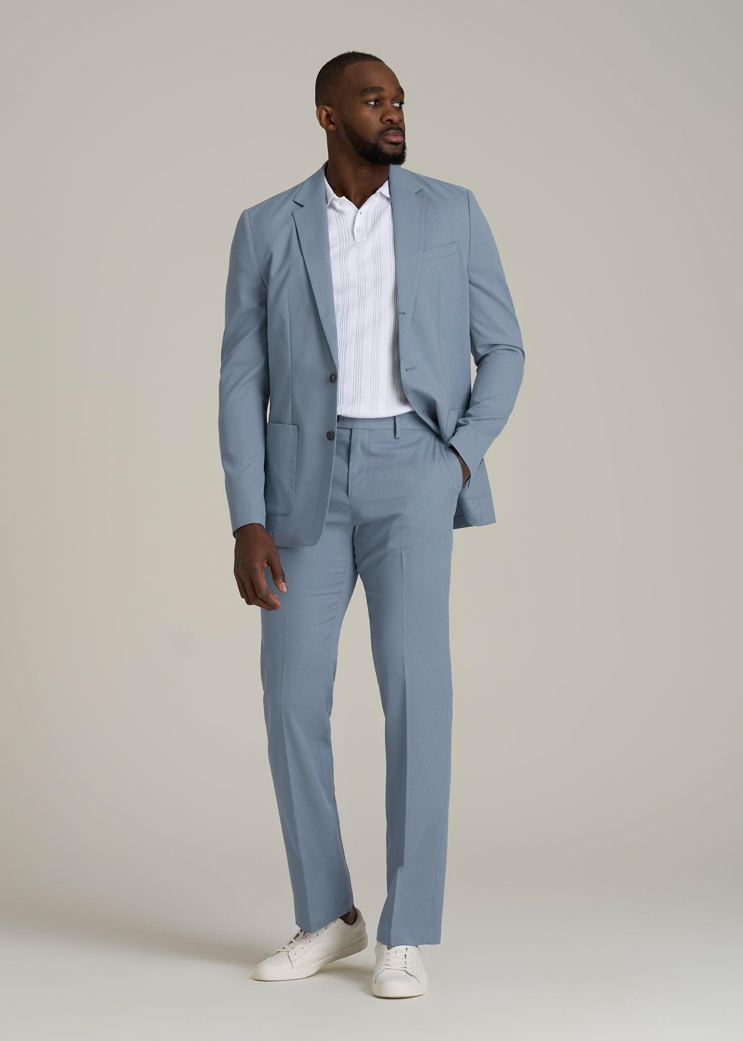 Textured Garment Washed Stretch Cotton Suit Pants for Tall Men in Chambray Product Image
