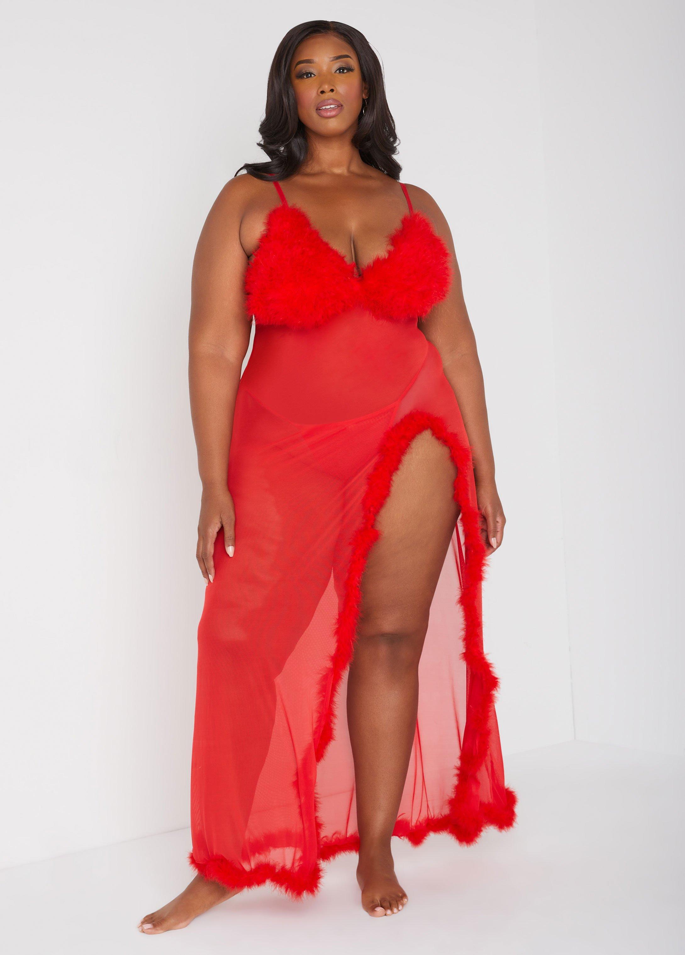 Plus Size Feather Trimmed Mesh Gown Set Ashley Stewart Product Image