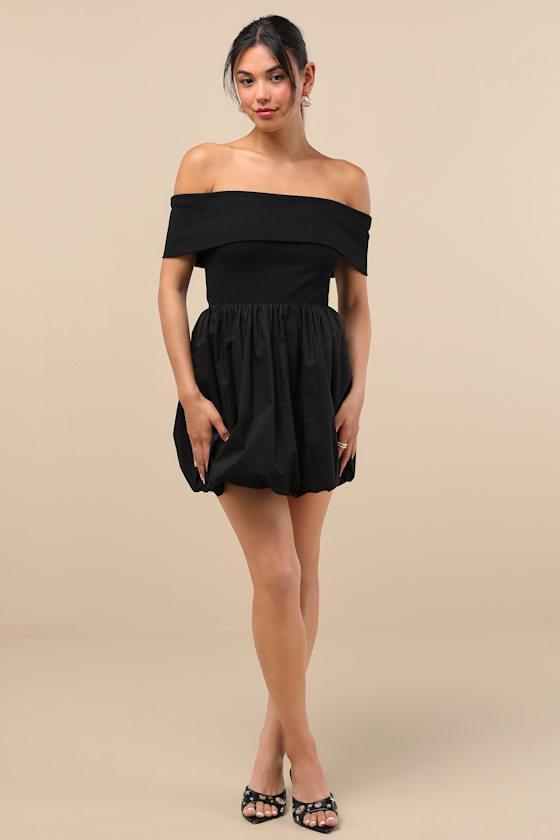 Launi Black Mixed Media Off-the-Shoulder Mini Dress Product Image