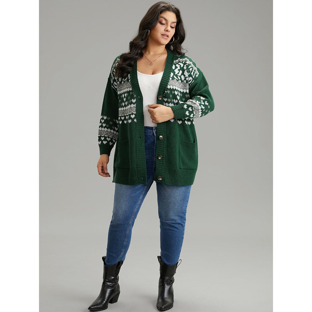 Plus Size Christmas Jacquard Button Up Pocket Cardigan DarkGreen Women Casual Loose Long Sleeve Festival-Christmas Cardigans BloomChic 28/5X Product Image