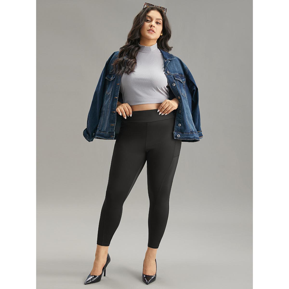 Plus Size Plain Ruched Side Pocket Wideband Waist Leggings Women Black Casual High stretch Skinny High Rise Dailywear Leggings BloomChic 26/4X Product Image