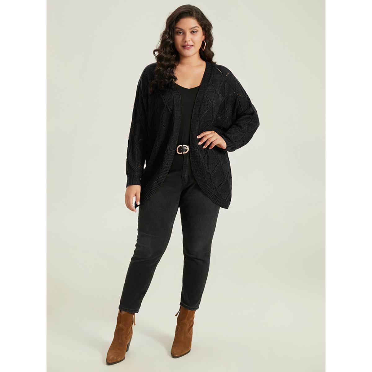 Plus Size Geometric Hollow Out Open Front Cardigan Black Women Casual Loose Long Sleeve Dailywear Cardigans BloomChic 14-16/1X Product Image