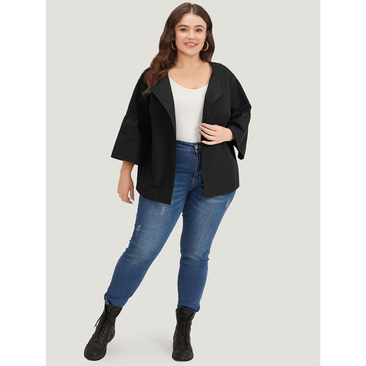 Plus Size Halloween Plain Lapel Collar Ruffle Trim Open Front Jacket Women Black Casual Gathered Dailywear Kimonos BloomChic 14-16/1X Product Image