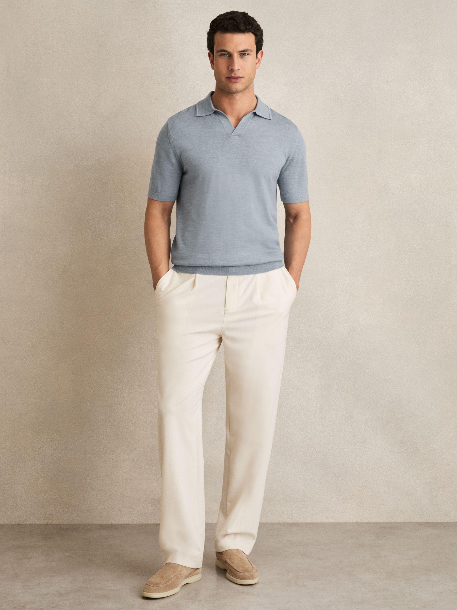 Merino Wool Open Collar Polo Shirt in Soft Blue Melange Product Image