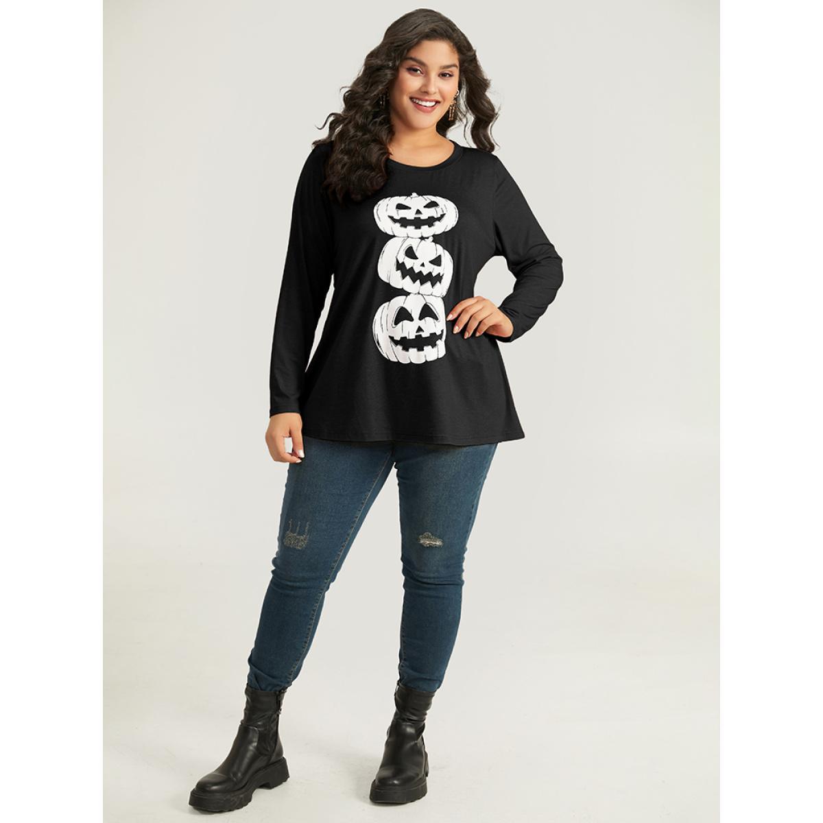 Plus Size Halloween Three Pumpkin Print Crew Neck T-shirt Black Women Casual Printed Halloween Festival-Halloween T-shirts BloomChic 22-24/3X Product Image