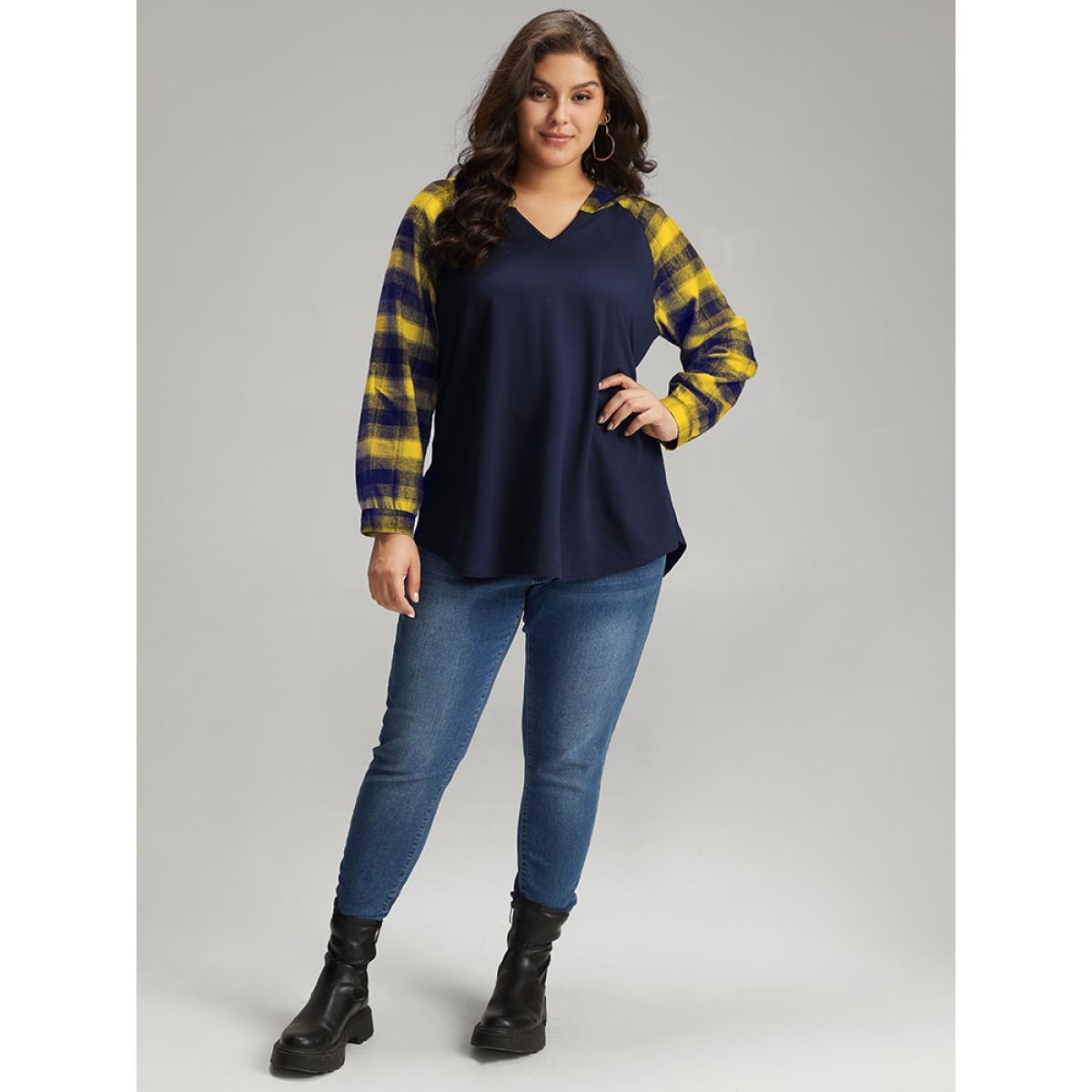 Plus Size Plaid Print Hooded Patchwork Sweatshirt Women Yellow Casual Patchwork Hooded Everyday Sweatshirts BloomChic 30/6X Product Image