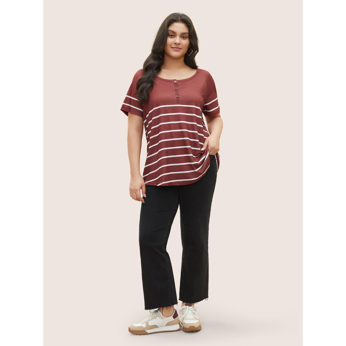 Plus Size Striped Print Raglan Sleeve Button Up T-shirt Burgundy Women Casual Contrast Striped Round Neck Everyday T-shirts BloomChic 30/6X Product Image