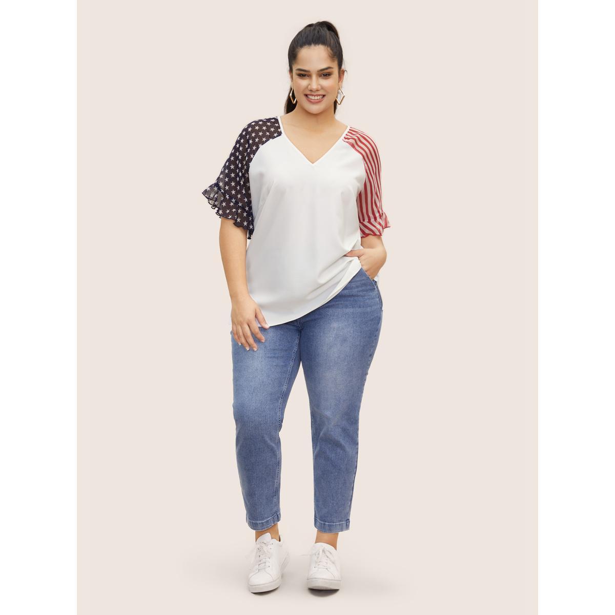 Plus Size Originalwhite Star & Striped Ruffles Raglan Sleeve Blouse Women Casual Short sleeve V-neck Everyday Blouses BloomChic 18-20/2X Product Image