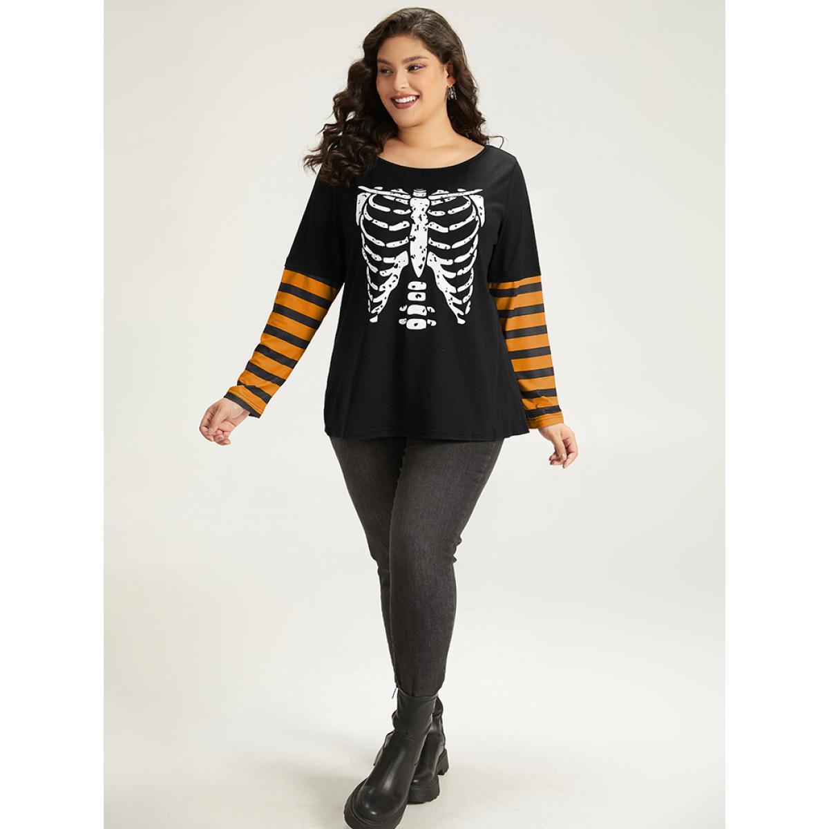 Plus Size Halloween Striped & Skull Print Patchwork T-shirt Orange Women Casual Printed Halloween Festival-Halloween T-shirts BloomChic 18-20/2X Product Image