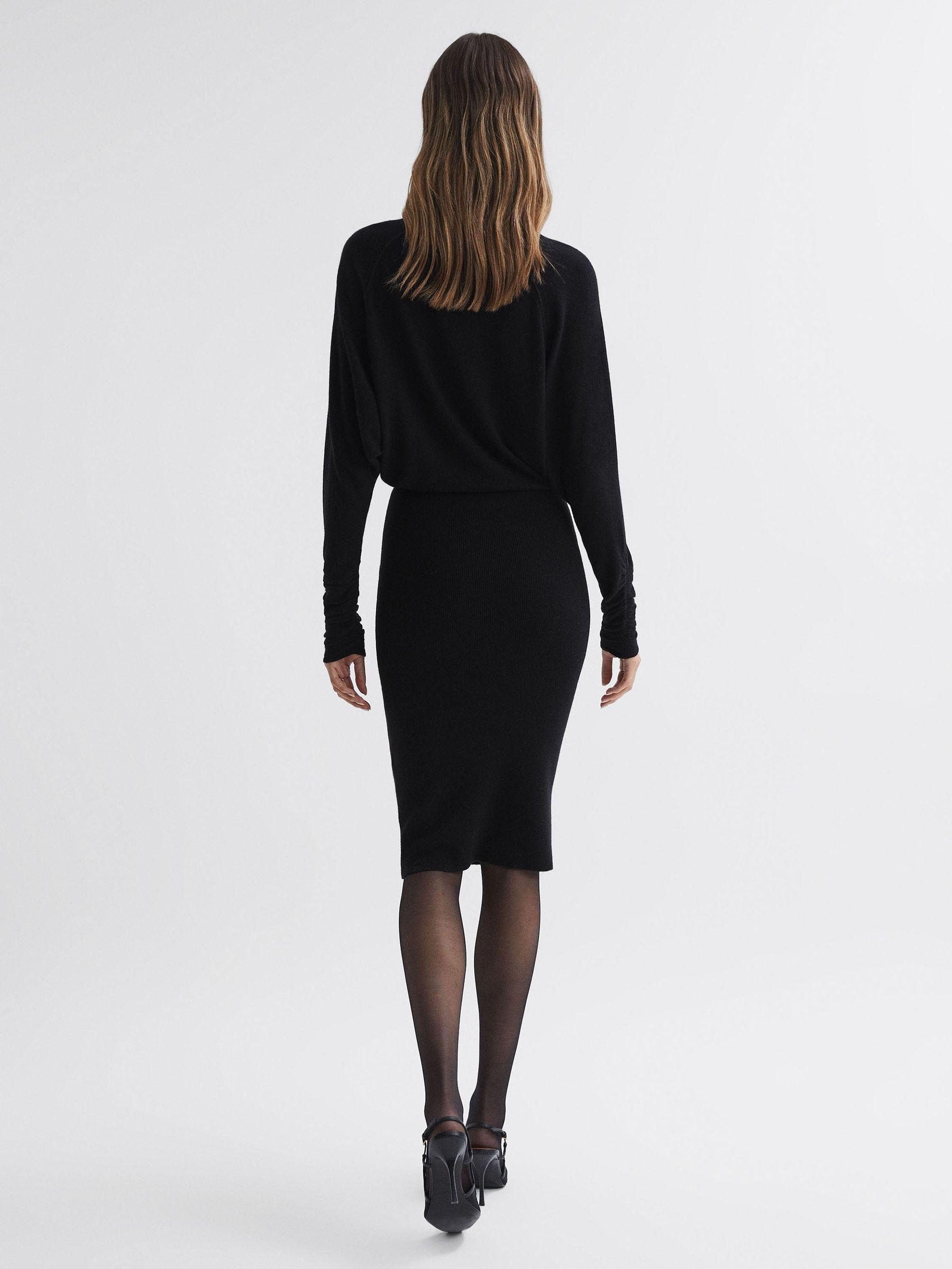 Wool Blend Ruched Sleeve Midi Dress in Black Product Image