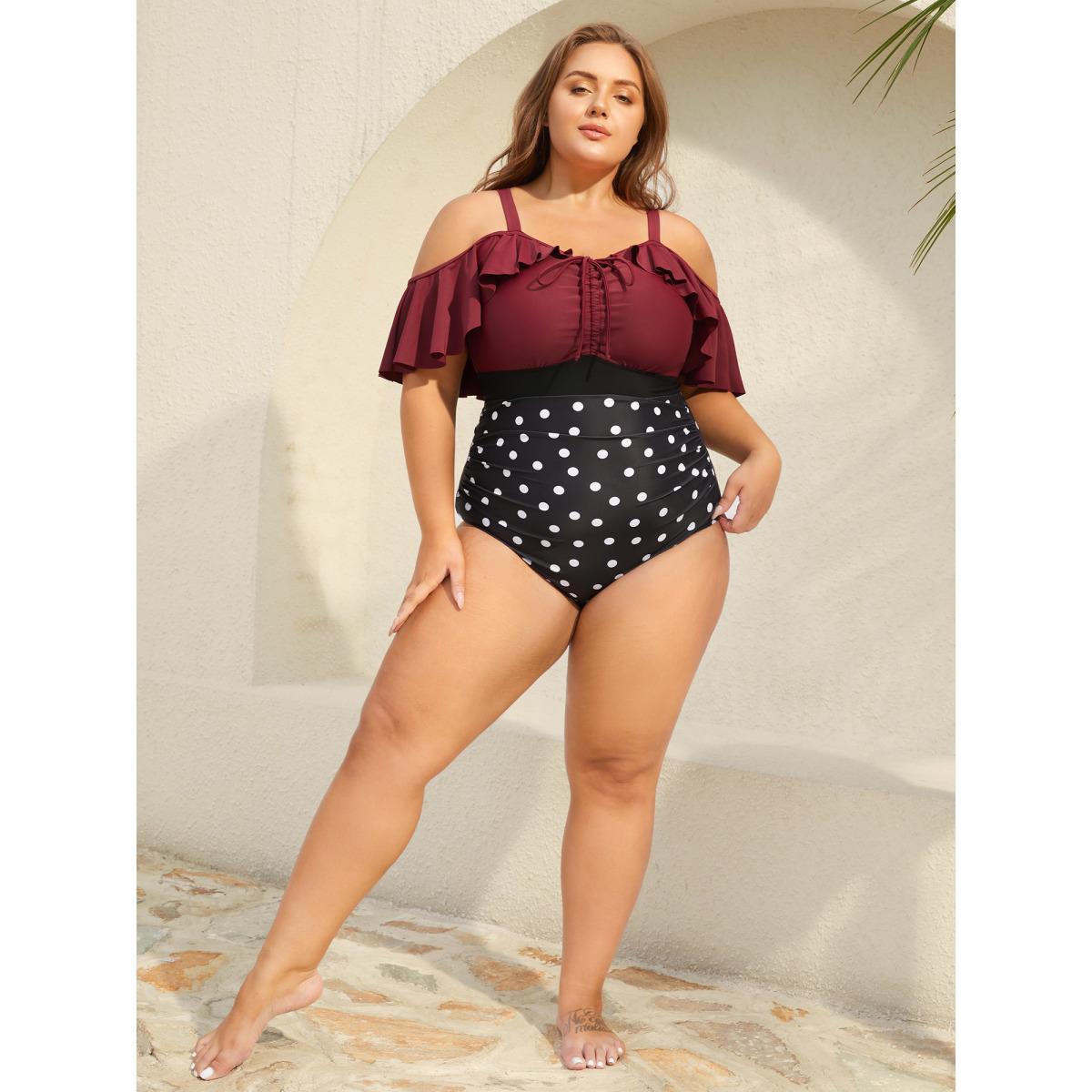 Plus Size Color Block Polka Dots One-Piece Swimsuit Women's Swimwear Deepred Beach Contrast Curve Bathing Suits High stretch One Pieces BloomChic 10/M Product Image