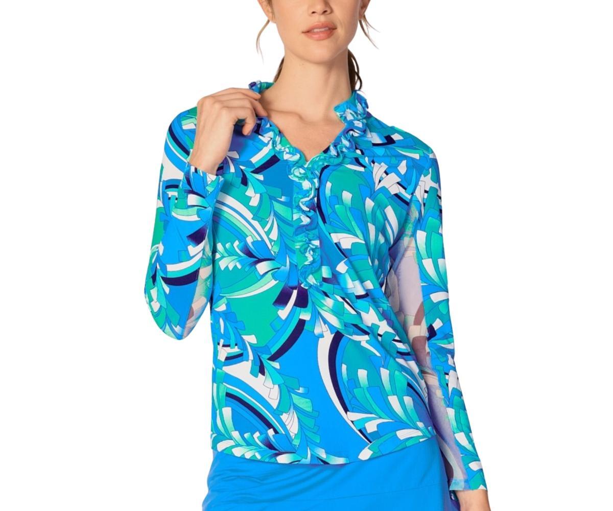 G Lifestyle Clothing Womens Long Sleeve Double Ruffle Top Tile Blue XLarge Product Image