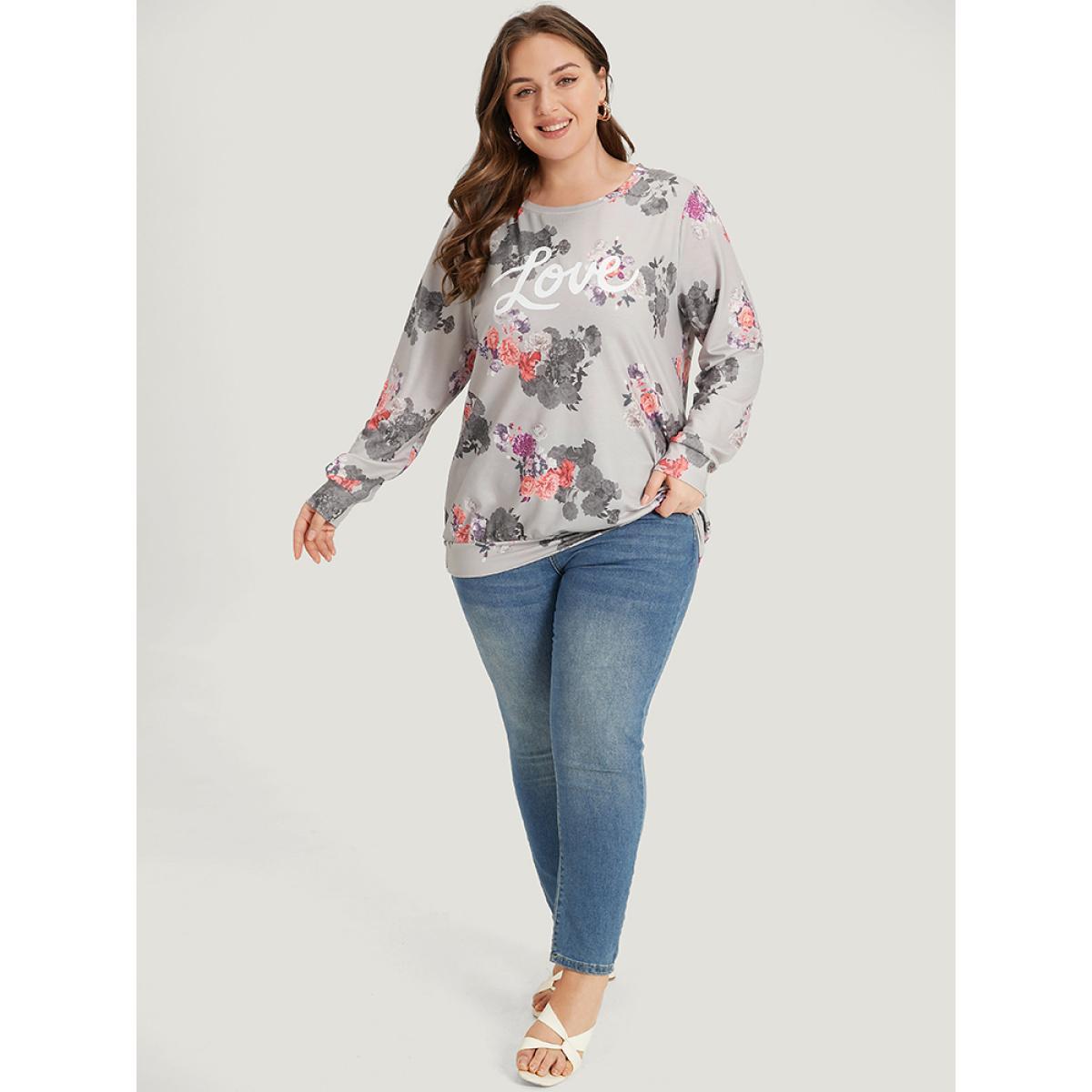 Plus Size Letter & Floral Print Crew Neck Sweatshirt Women Multicolor Elegant Printed Round Neck Dailywear Sweatshirts BloomChic 14-16/1X Product Image