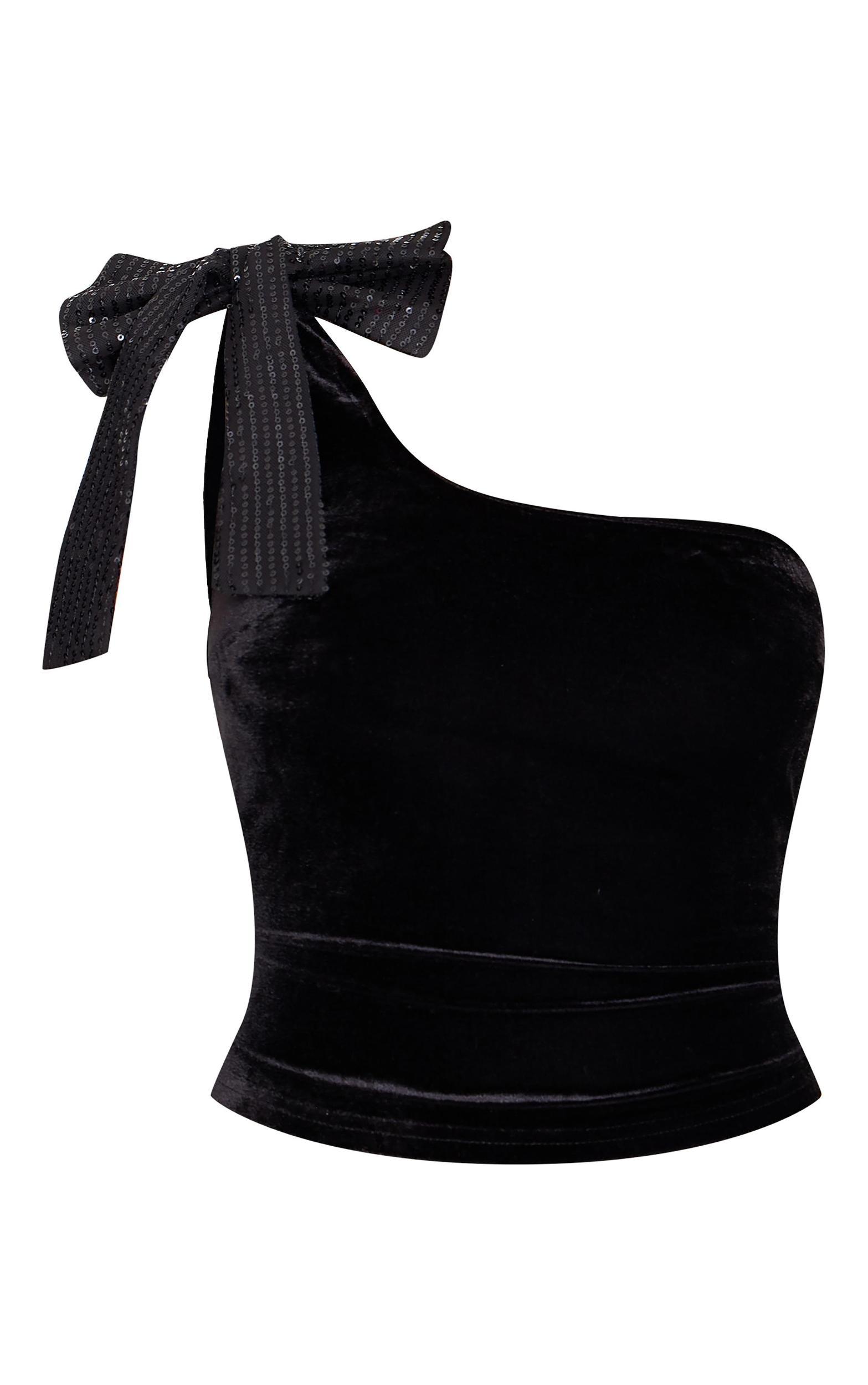 Black Asymmetric Velvet Sequin Bow Detail Long Top Product Image