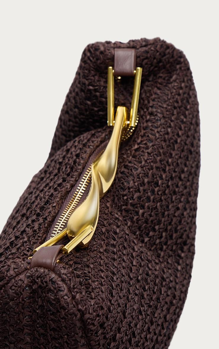 Chocolate Raffia Weave Abstract Handle Handbag Product Image