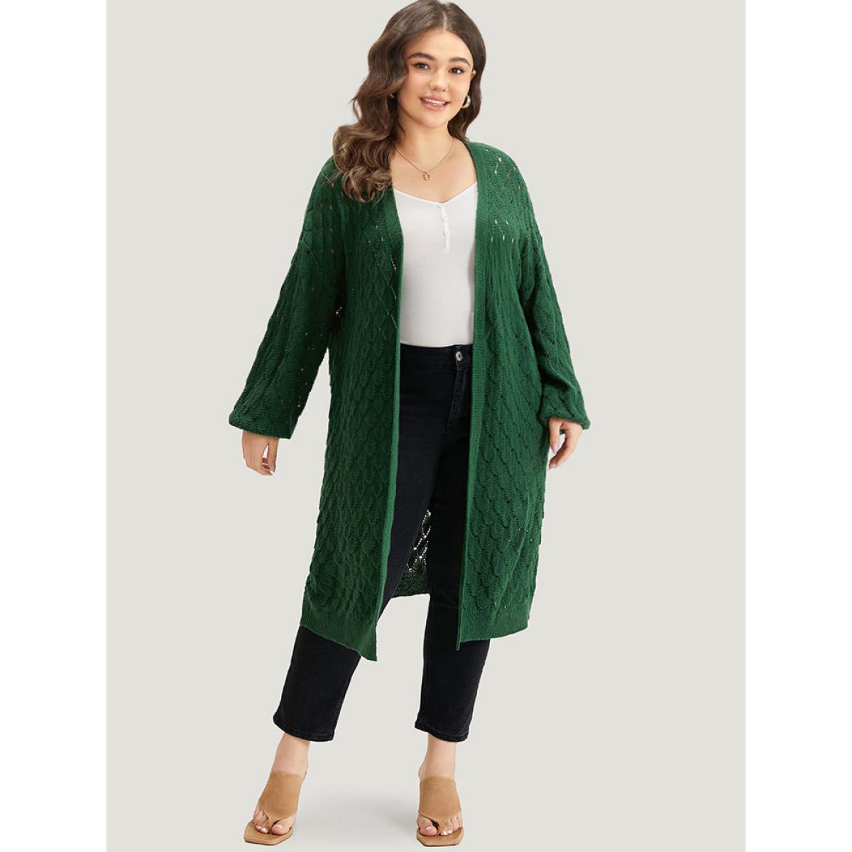 Plus Size Plain Geo Eyelet Drop Shoulder Maxi Cardigan Emerald Women Casual Loose Long Sleeve Dailywear Cardigans BloomChic 18-20/2X Product Image