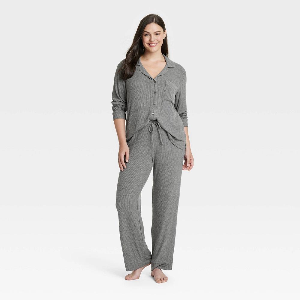 Women's Cozy Ribbed Long Sleeve Notch Collar Shirt and Pants Pajama Set - Auden™ Product Image