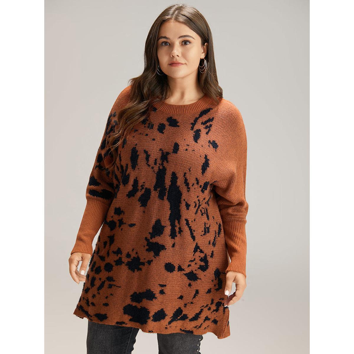Plus Size Leopard Batwing Sleeve Split Hem Pullover Rust Women Casual Loose Long Sleeve Round Neck Dailywear Pullovers BloomChic 18-20/2X Product Image