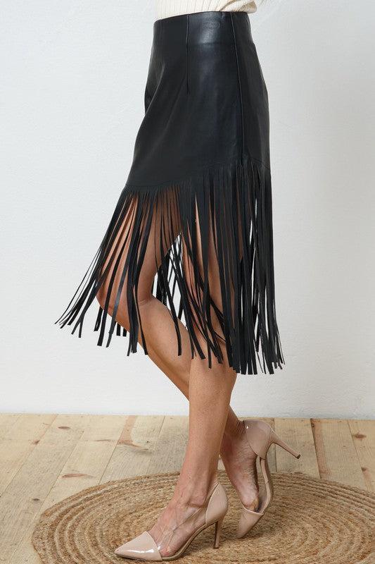Edalyn Faux Leather Fringe Knee Length Skirt Product Image