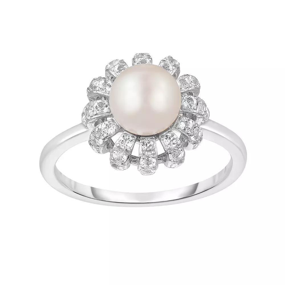 Sterling Silver Freshwater Cultured Pearl & Lab Created White Sapphire Ring, Women's, Size: 7 Product Image