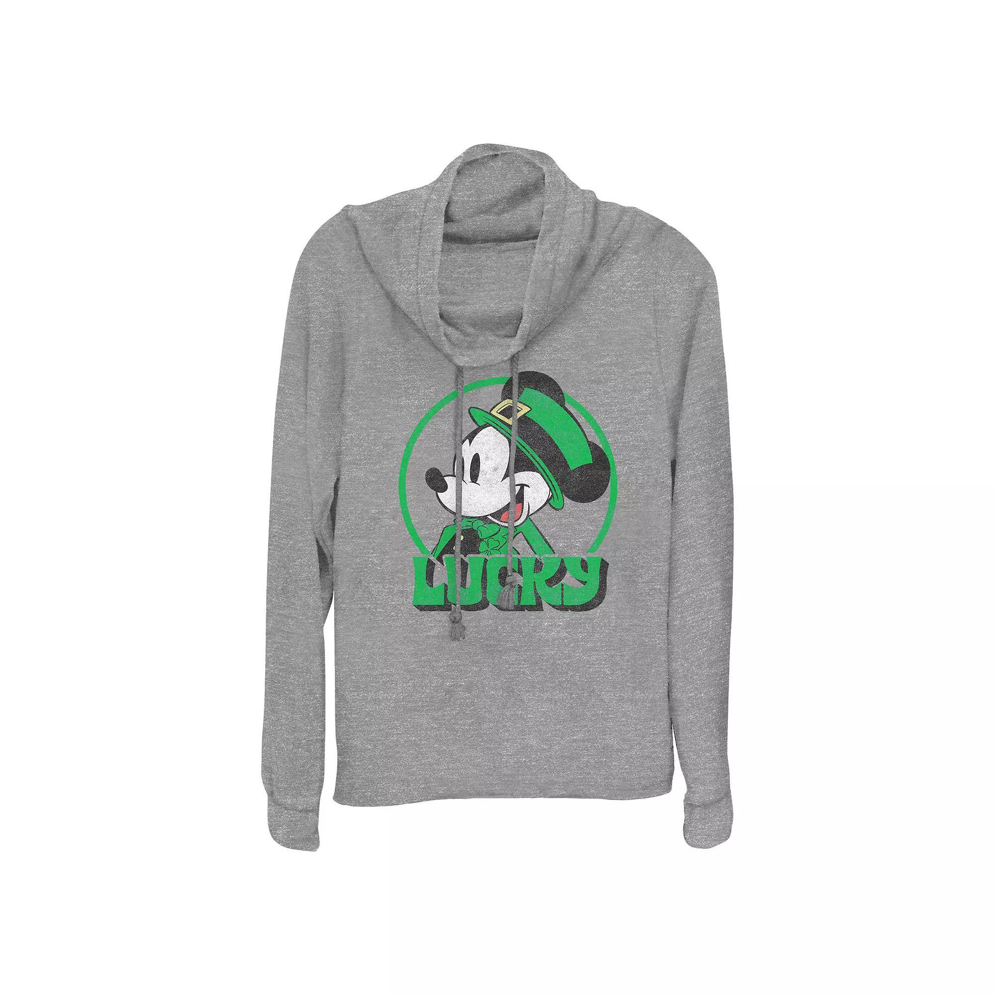 Disneys Mickey Mouse Lucky Mouse Womens Cowlneck Graphic Lightweight Long Sleeve Gray Grey Product Image