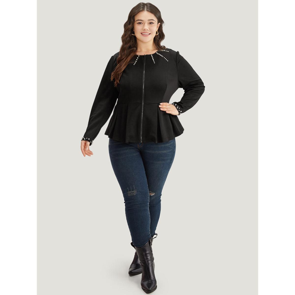 Plus Size Pearl Beaded Zipper Plicated Detail Coat Women Black Work From Home Plain Ladies Work Winter Coats BloomChic 28/5X Product Image