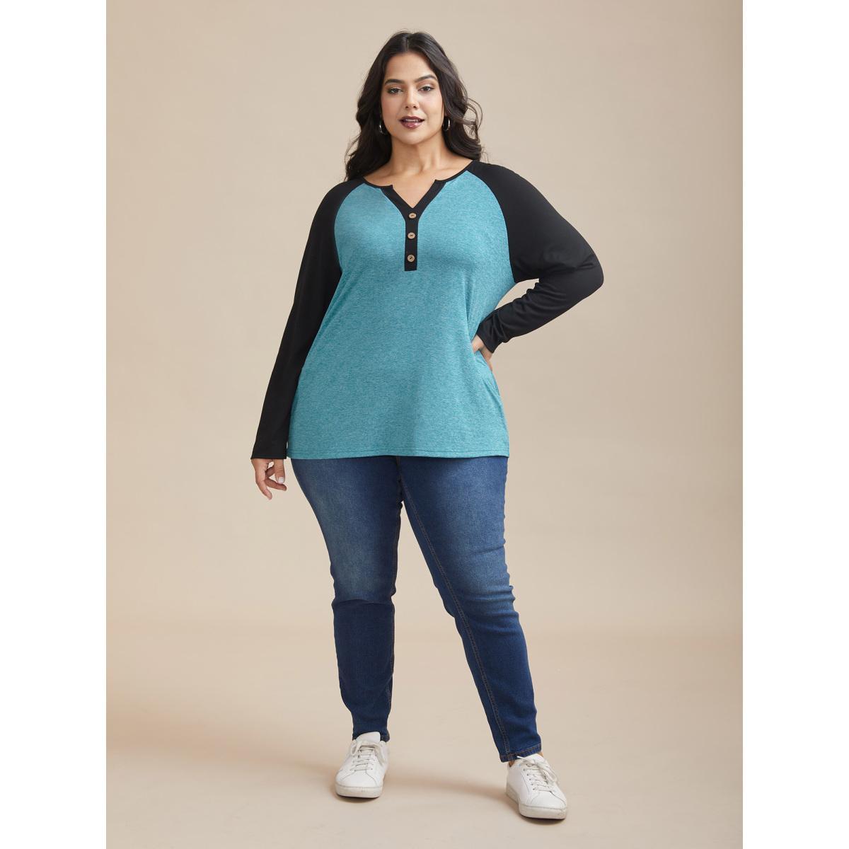 Plus Size Heather Patchwork Button Detail Stretchy T-Shirt Cerulean Women Casual Contrast Flat collar with V-notch Everyday T-shirts BloomChic 10/M Product Image